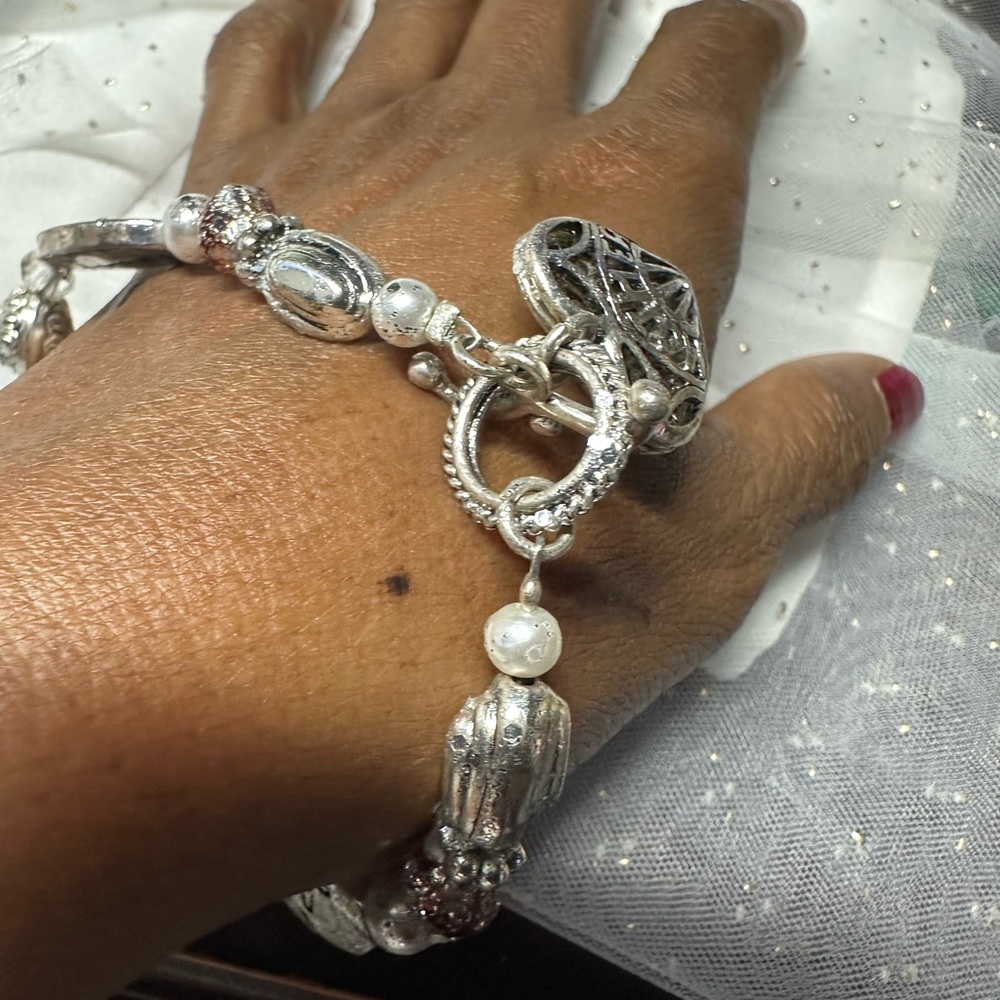 silver finish charm bracelet with beads & engraved “Mother” “Love”& “Forever”